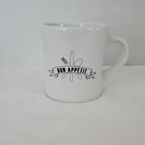 Crate&Barrel Discontinued White Ceramic Mug with Black 'Bon Appétit' Graphic